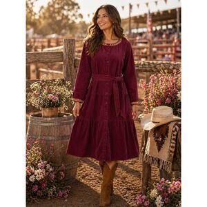 Johnny Was Corduroy Ruffle Midi Dress Maroon Belted Coastal Cowgirl NWT Large